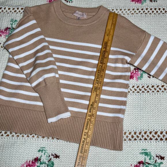 Philosophy Striped Sweater Tan White Size Med Drop Shoulder Cozy Neutral Classic - Picture 6 of 8